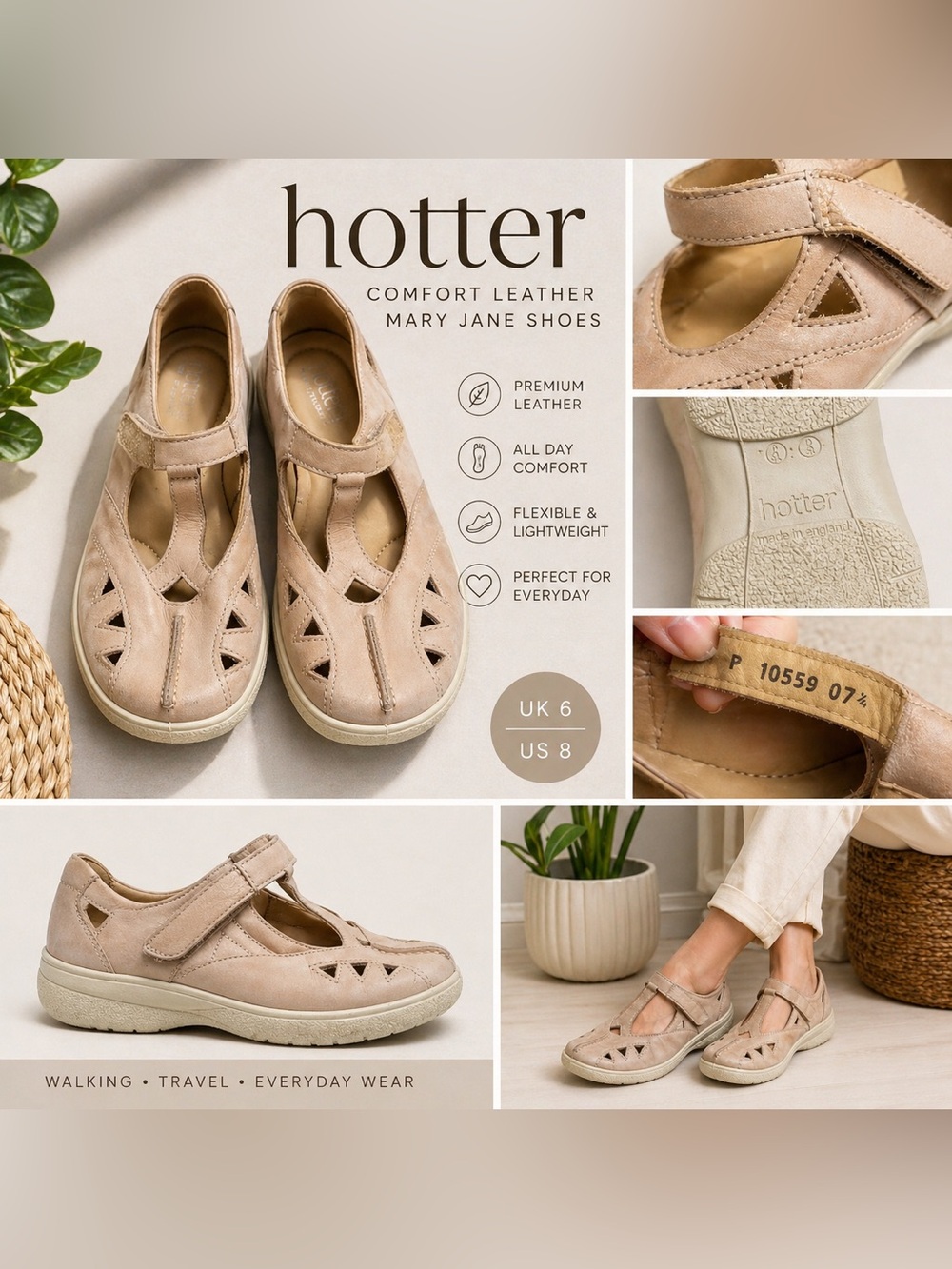 Hotter Comfort Leather Mary Jane Shoes Women Beige Walking Casual Orthopedic, 8